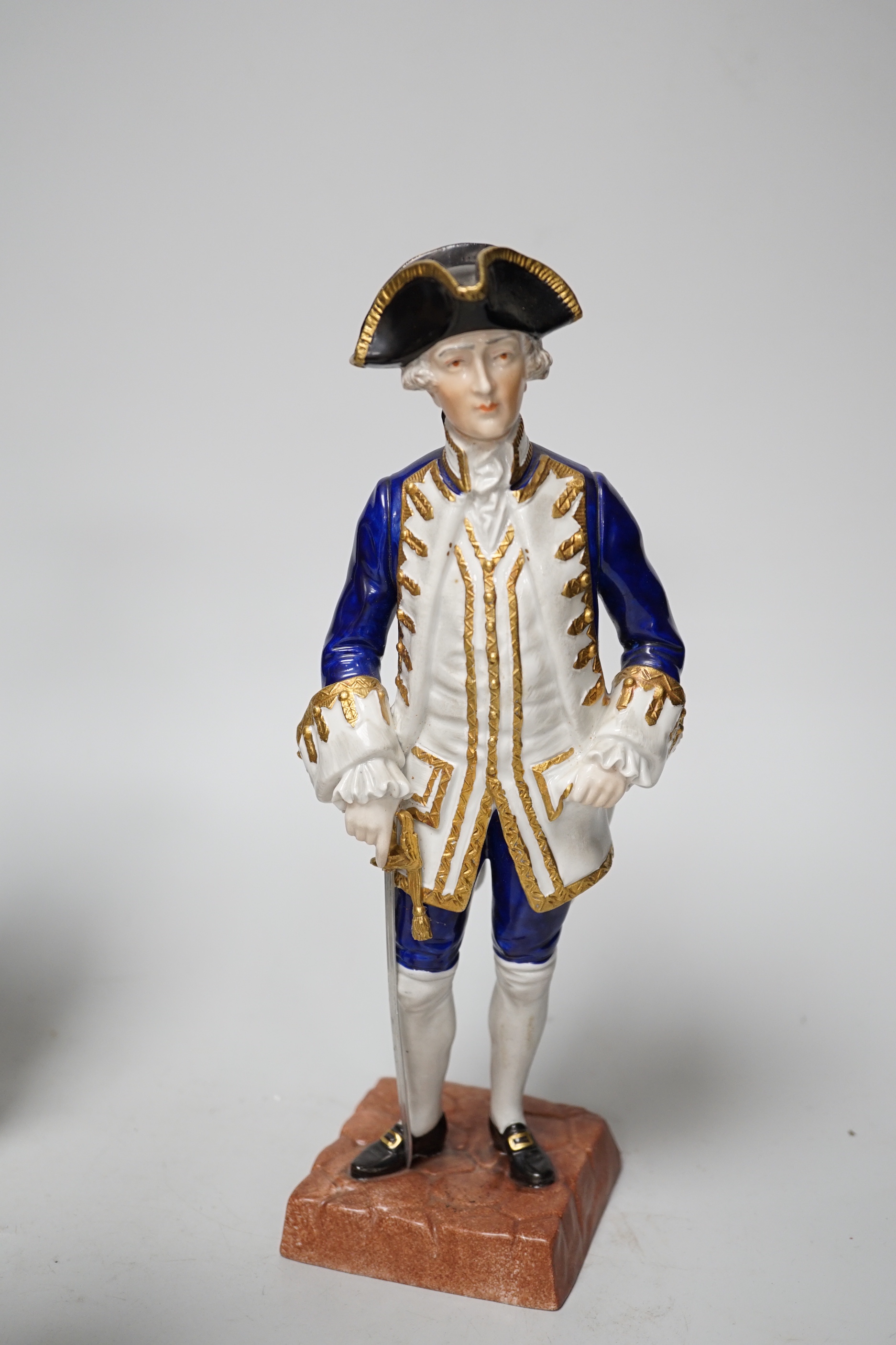 Two Dresden figure groups comprising a Shepherd and Admiral, together with one other, the largest 26cm high (3)